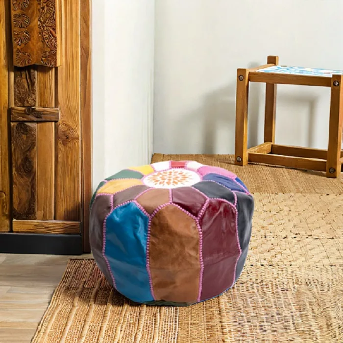 Multicolored Moroccan Leather Pouffe