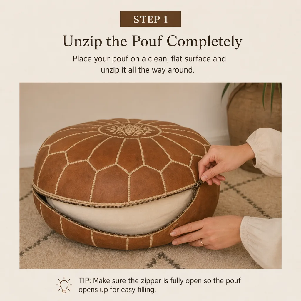 Step 1: Unzip the Pouf Completely