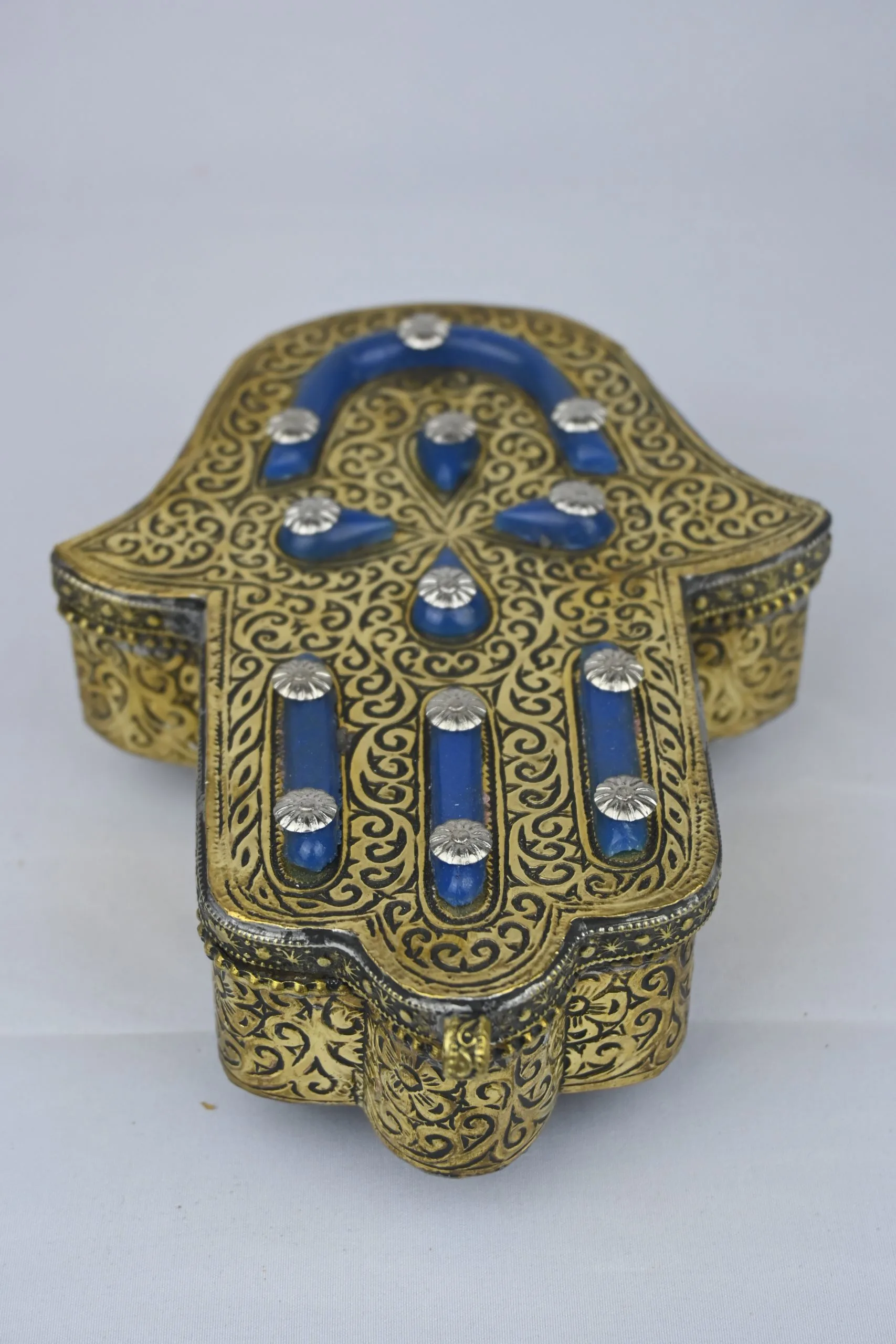 Handcrafted Hamsa Jewelry Box in Brass and Blue Resin - side view