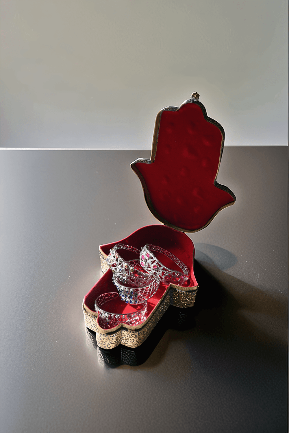 Handcrafted Hamsa Jewelry Box in Brass and Blue Resin - Image 2