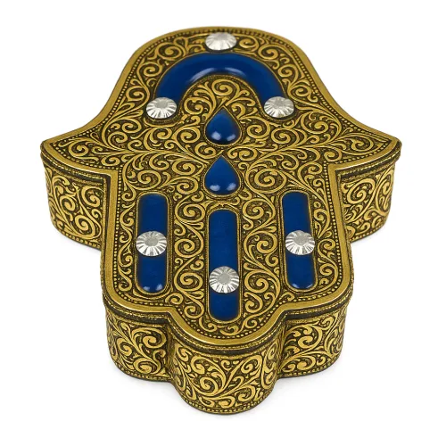 Handcrafted Hamsa Jewelry Box in Brass and Blue Resin