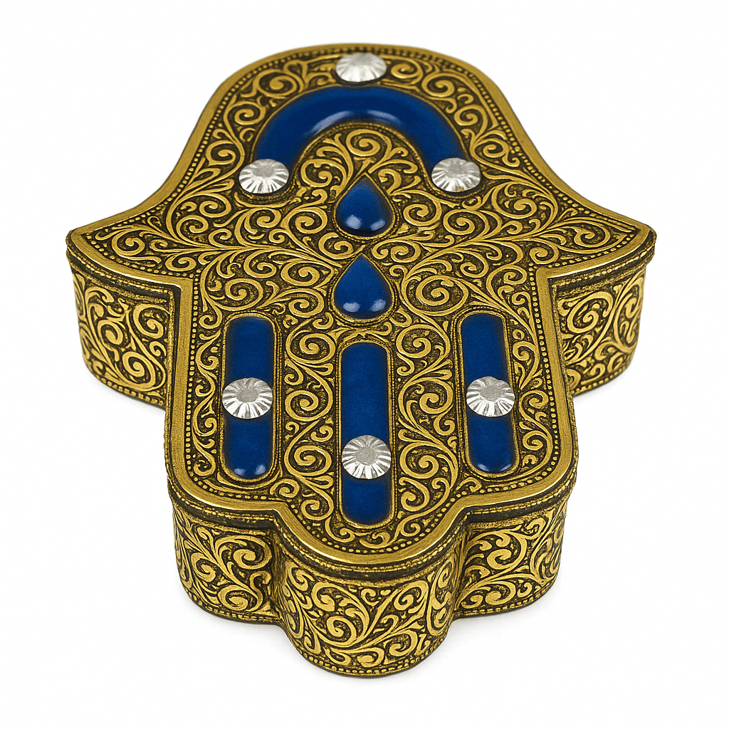 Handcrafted Hamsa Jewelry Box in Brass and Blue Resin