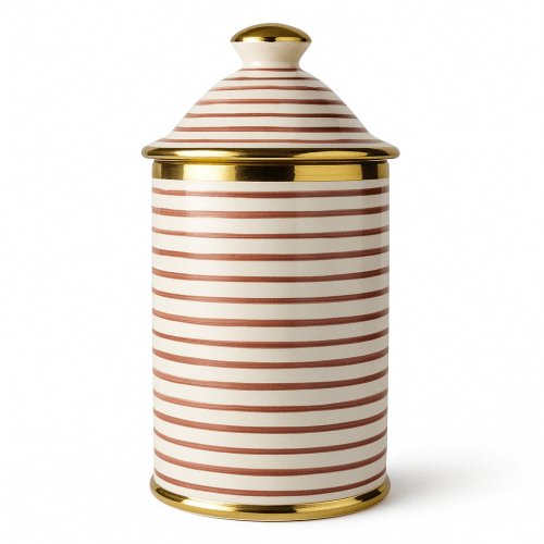Ceramic Storage Jar with Gold Trim and Red Stripes