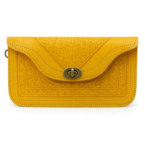 Mustard Yellow Leather Crossbody Bag – Handcrafted Moroccan Clutch