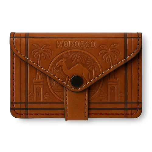 Tan Leather Coin Purse with Moroccan Camel Embossing – Handmade Card Holder