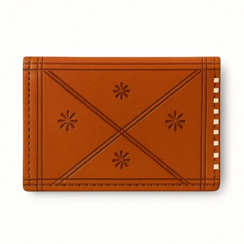 Tan Floral Leather Wallet – Handmade Moroccan Bifold Wallet with Patterned Stitching