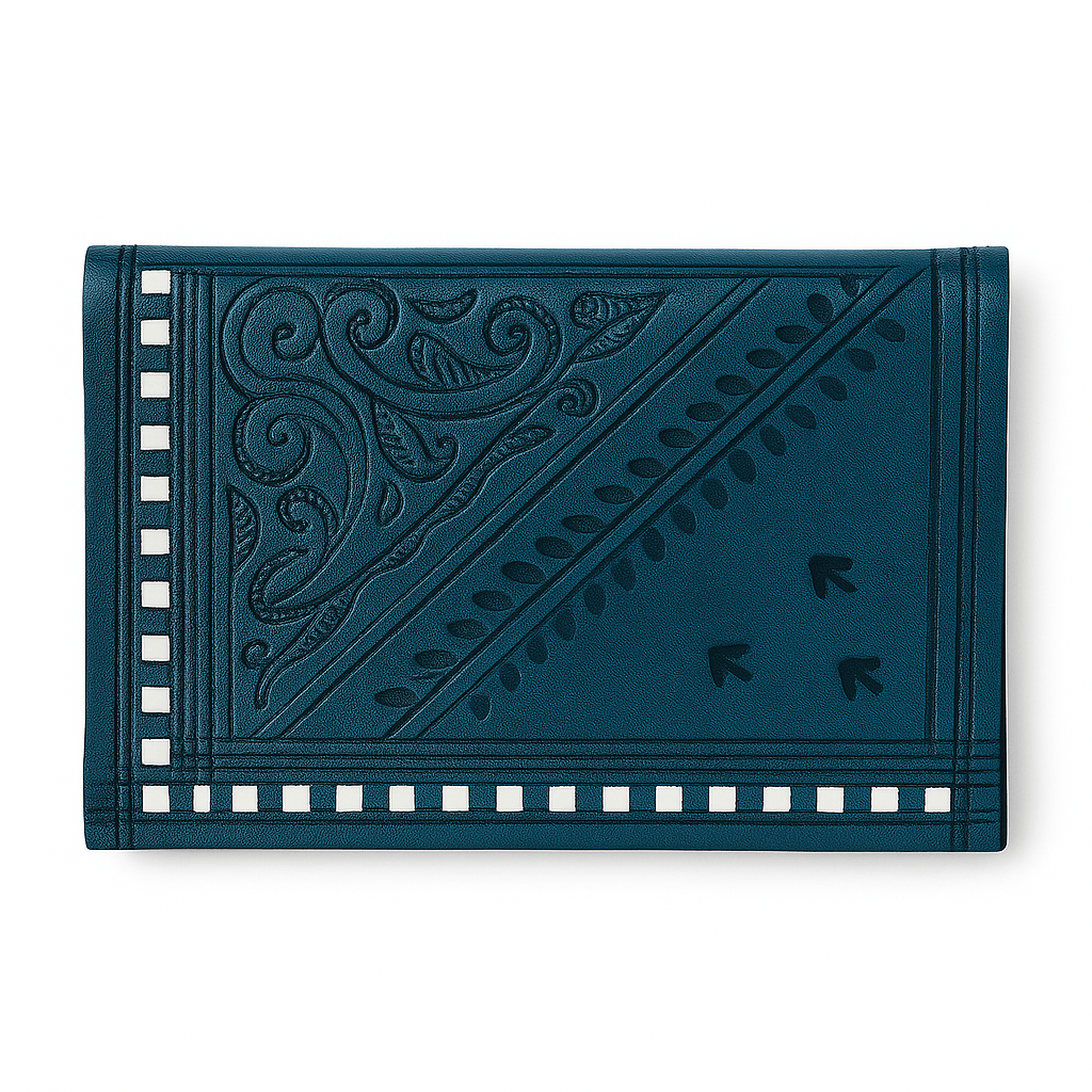 Teal Moroccan Leather Wallet – Handcrafted Bifold Wallet with Geometric Embossing