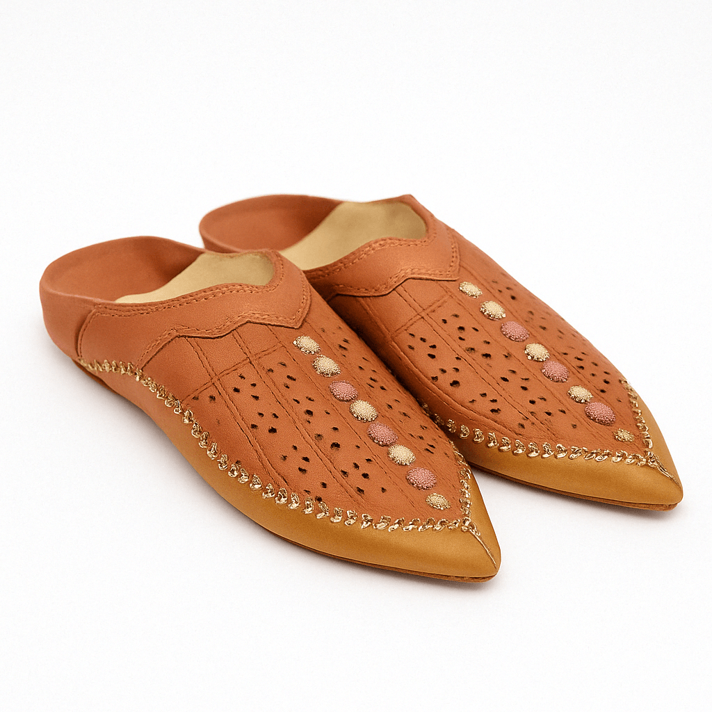 Embroidered Brown Moccasin Slippers with Gold Detailing