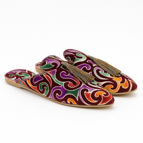 Velvet Tassel Moccasin Slippers in Multicolour Swirl Design