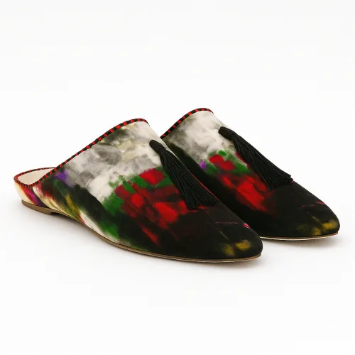 Handcrafted Abstract Velvet Moccasin Slippers with Tassels