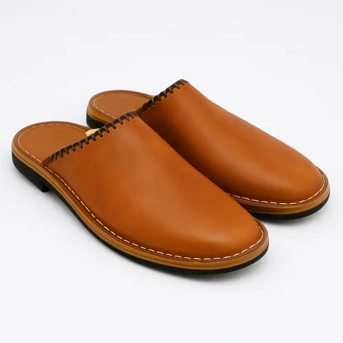 Tan Leather Moccasin Slippers – Handmade Men’s House Shoes