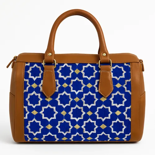 Tan Leather Bag with Blue Moroccan Pattern – Handcrafted & Unique
