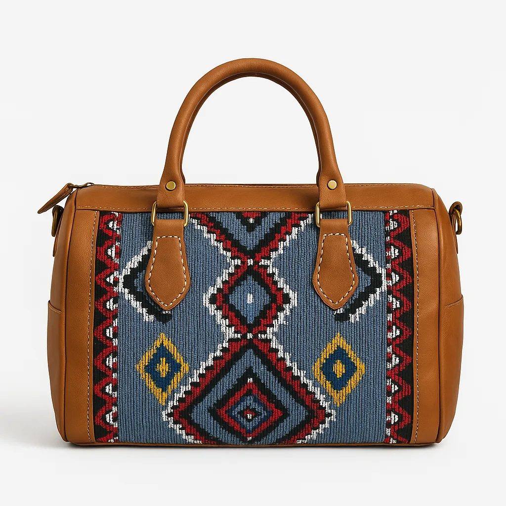 Tan Leather Bag with Berber Geometric Pattern