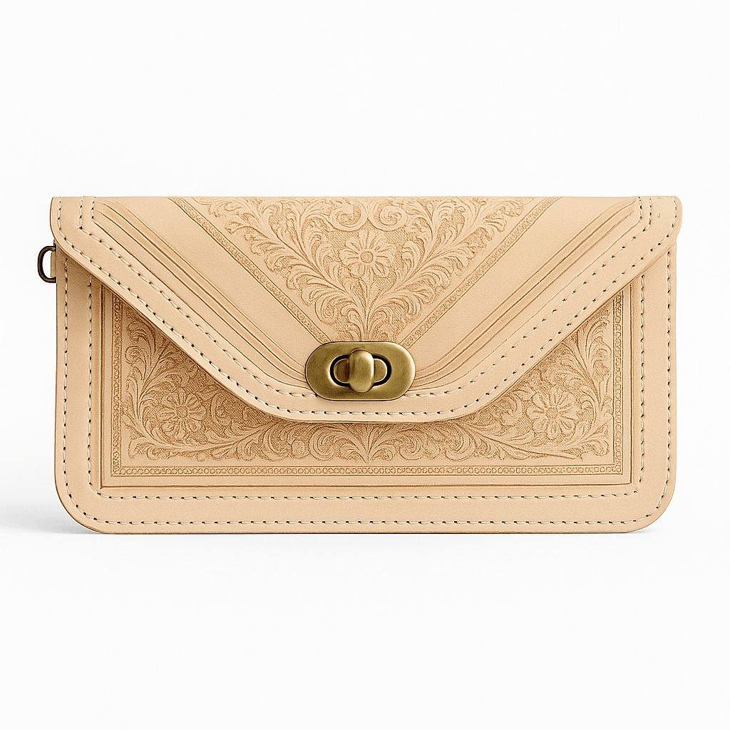 Tan Leather Crossbody Bag – Handcrafted Floral Embossed Design