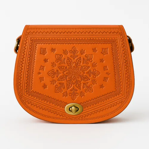 Embossed Orange Leather Saddle Bag – Moroccan Design