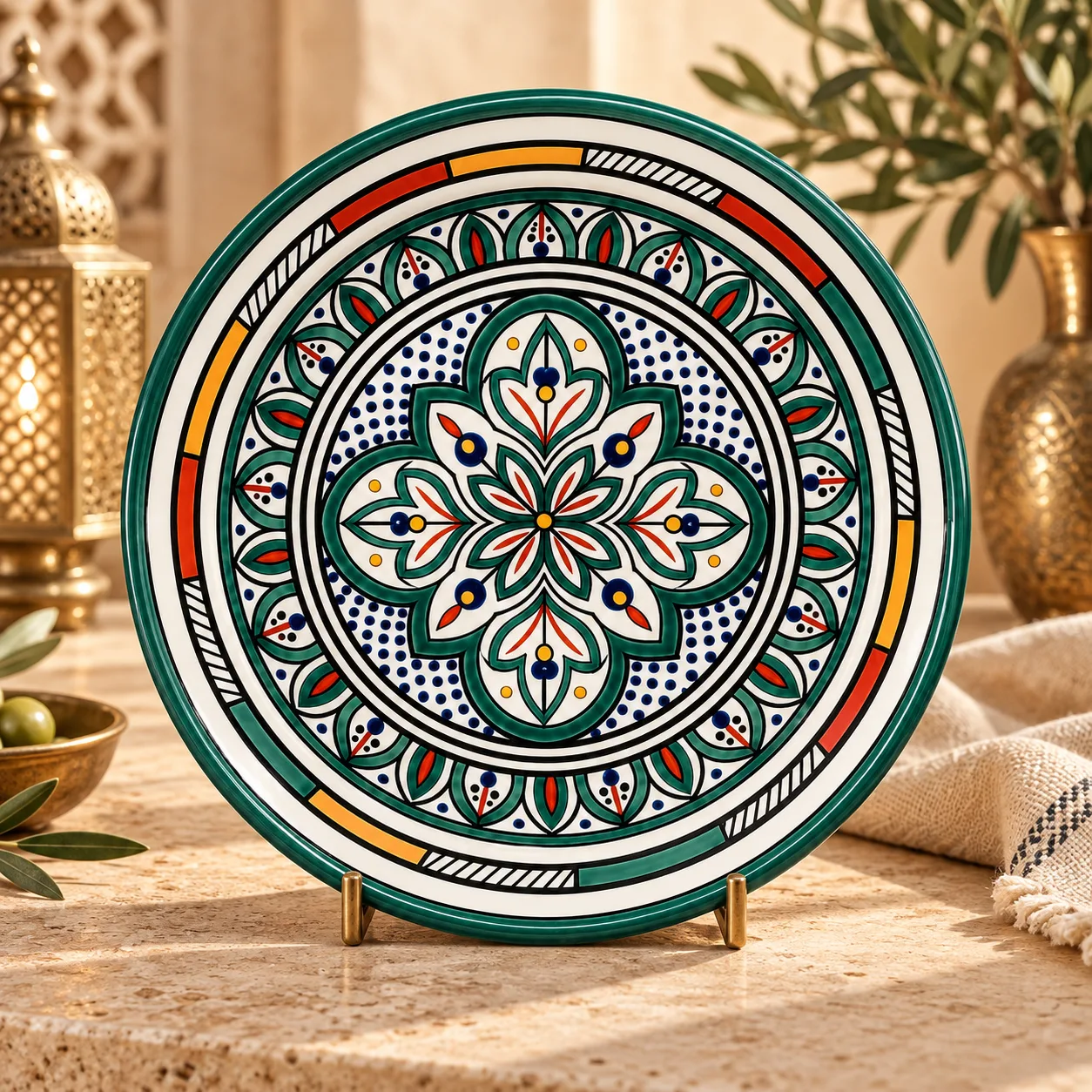 Green Moroccan Ceramic Serving Bowl with Hand-Painted Gsaa Design - Image 2
