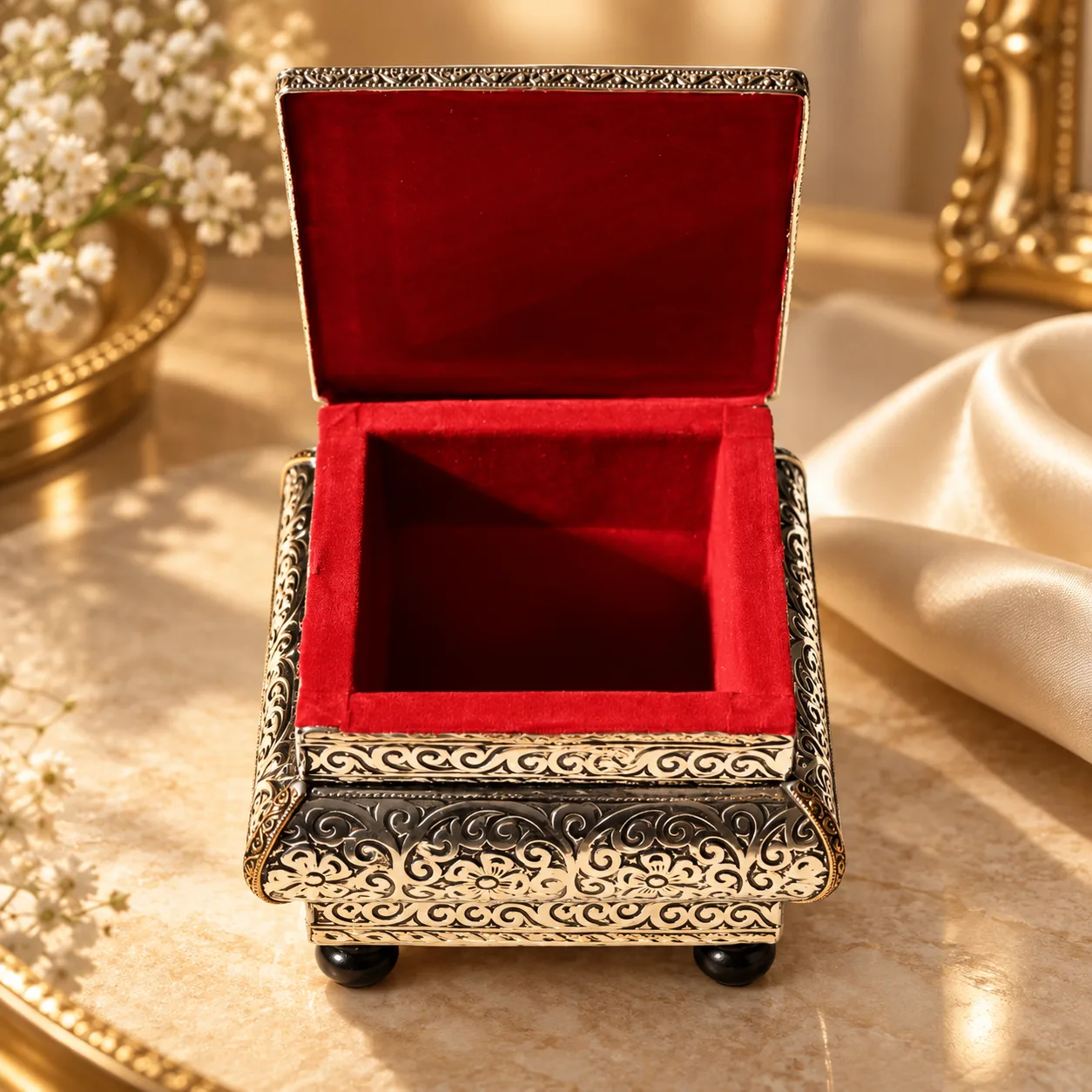 Handcrafted Moroccan Engraved Jewelry Box with Gold Trim - Tresors