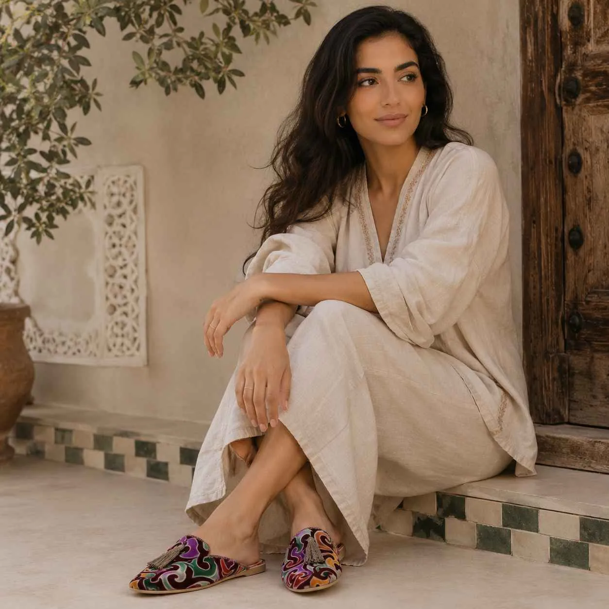 Velvet Tassel Moccasin Slippers in Multicolour Swirl Design