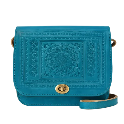 Teal Moroccan Leather Crossbody Bag – Handcrafted & Unique - front side.