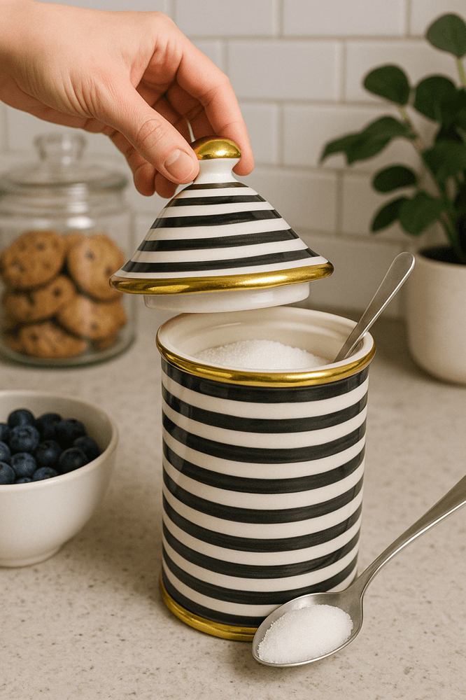 Chic Stripes Ceramic Jar with Gold Accents - Image 2