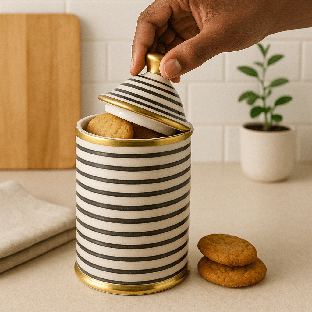 handcrafted ceramic Storage Jar with Gold Accents and Striped Design - Image 2