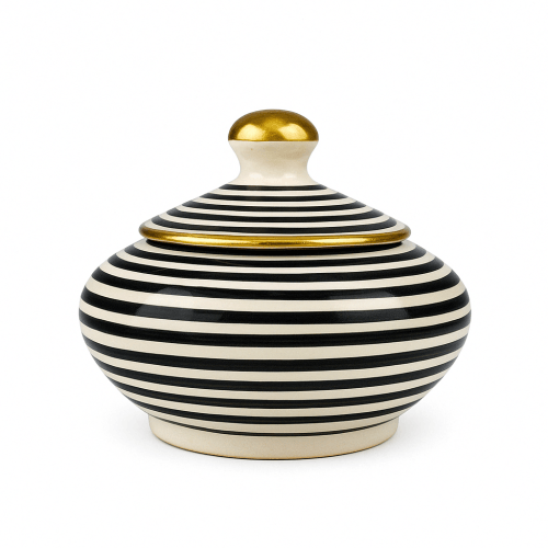 Handcrafted Striped Ceramic Jar with Gold Accents