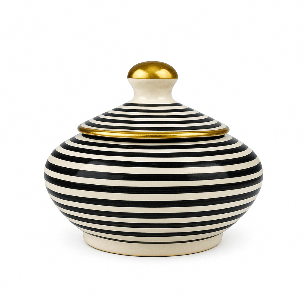 Handcrafted Striped Ceramic Jar with Gold Accents
