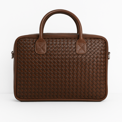 handwoven brown leather laptop bag front