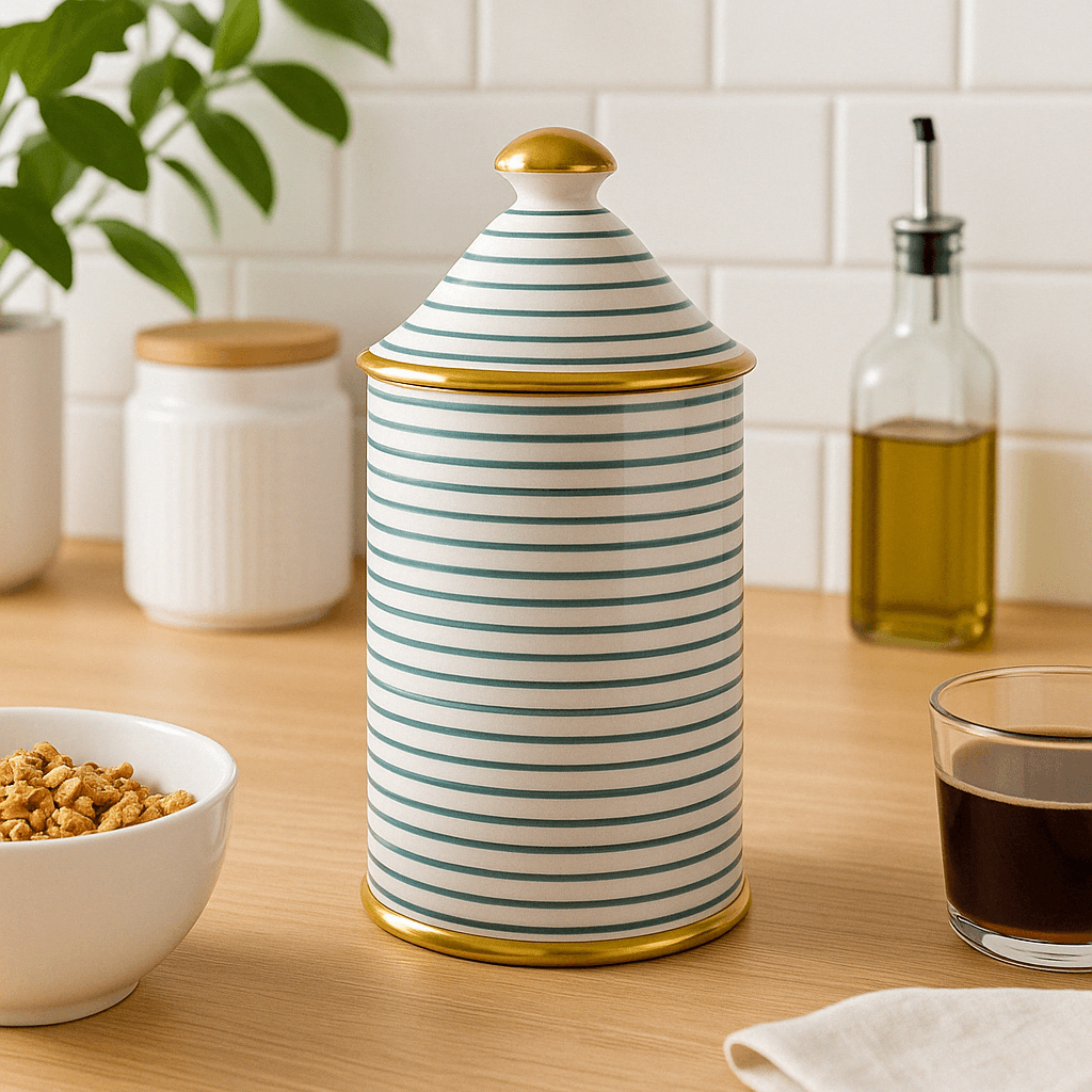 Elegant Striped Ceramic Canister with Gold Accents - Image 2
