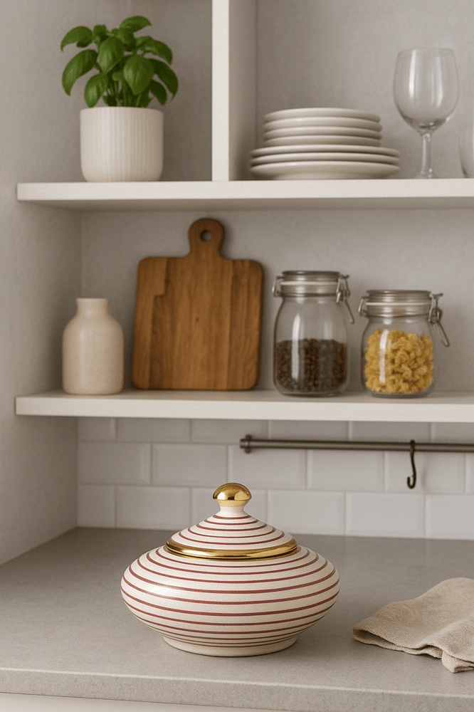 Handcrafted Moroccan Ceramic Jar – Glazed Elegance in Crimson & Gold - Image 2