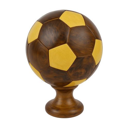 Large Handcrafted Wooden Soccer Ball Display on Grand Stand