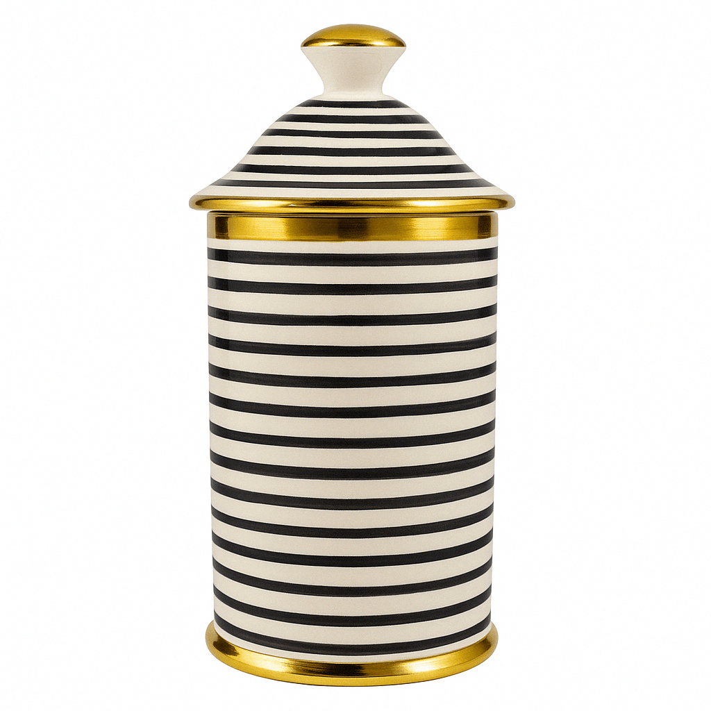 handcrafted ceramic Storage Jar with Gold Accents and Striped Design