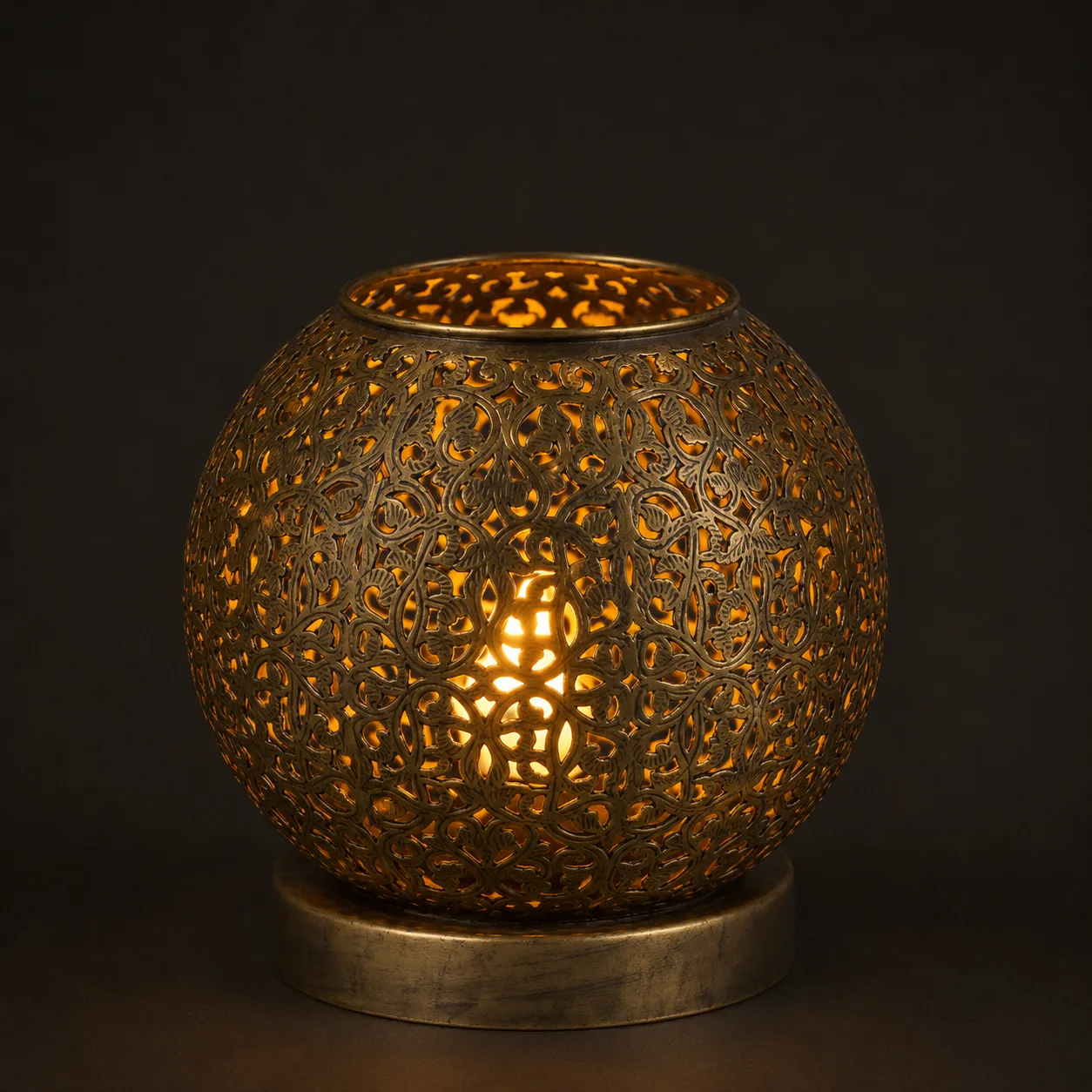 Antique Moroccan Table Lamp – Brass Floral Globe Light for Ambient Charm