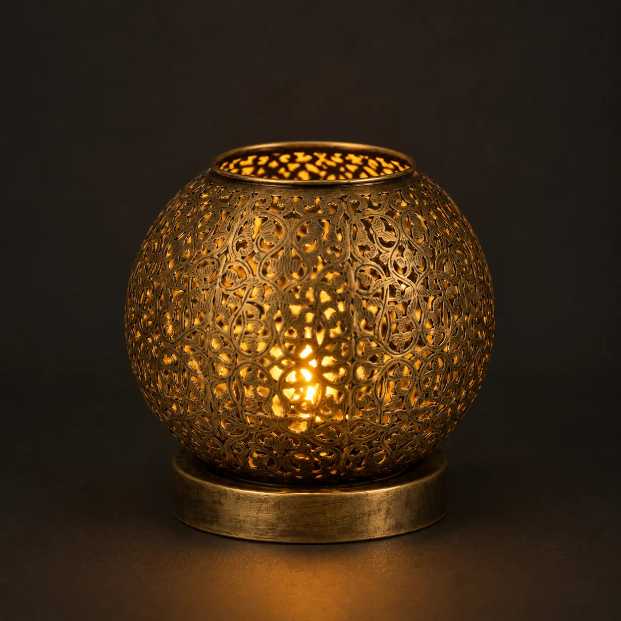 Antique Moroccan Table Lamp – Brass Floral Globe Light for Ambient Charm