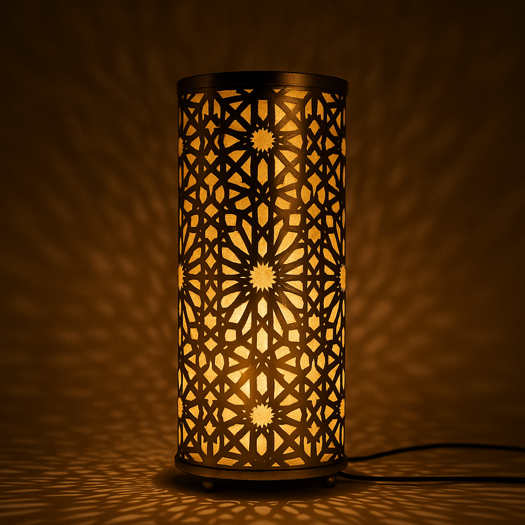 Handcrafted Moroccan Brass Table Lamp – Antique Geometric Cylinder Design