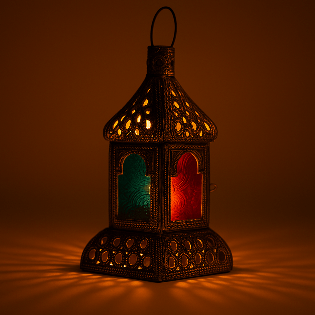 Handcrafted Moroccan Table Lamp – Antique Brass with Coloured Glass Panels - Moroccan lampshade