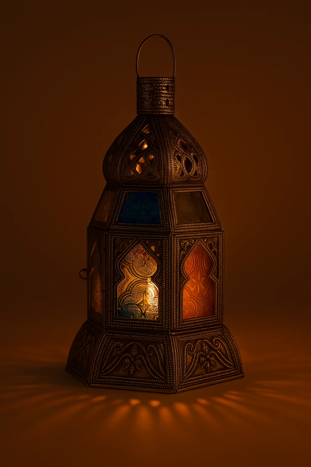 Handcrafted Moroccan Table Lamp with Multicoloured Glass Panels – Antique Brass Finish