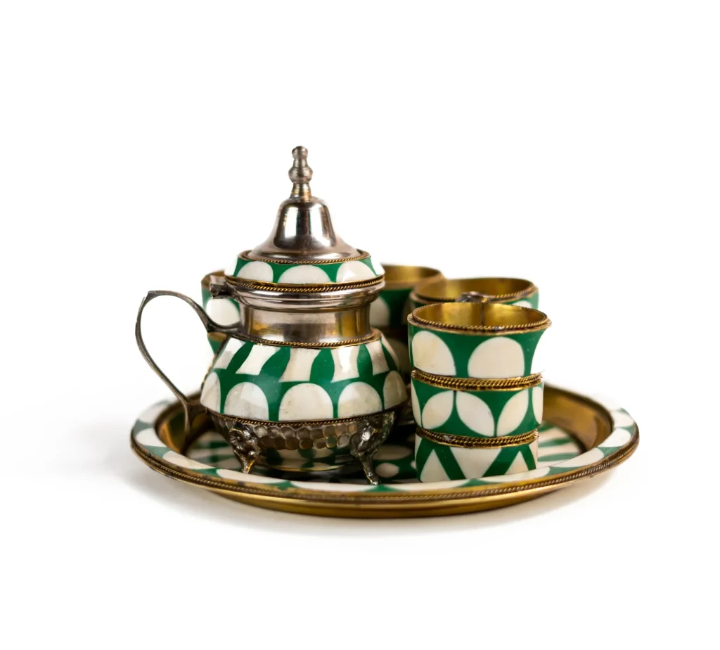 Moroccan Tea Set with Orange Mosaic Inlay