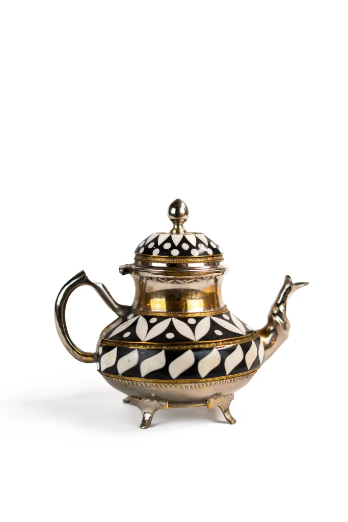 Moroccan Teapot with Black and White Mosaic Inlay – Handmade Brass Tea Pot