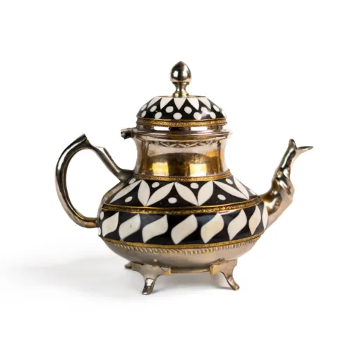Moroccan Teapot with Black and White Mosaic Inlay – Handmade Brass Tea Pot