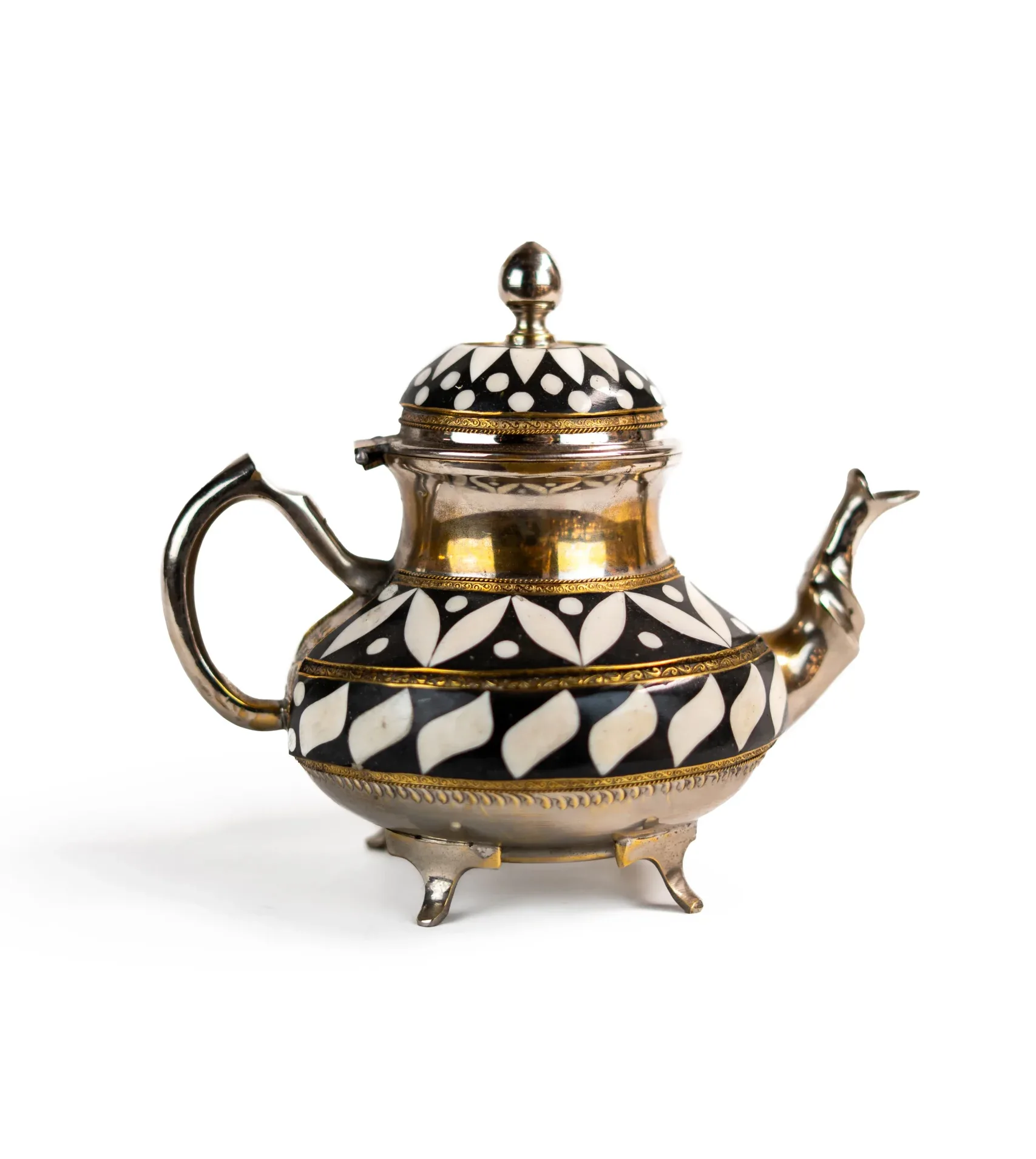 Moroccan Teapot with Black and White Mosaic Inlay – Handmade Brass Tea Pot