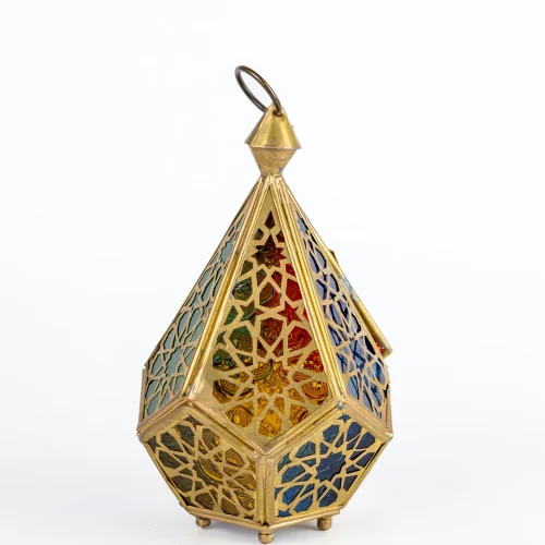 Moroccan Table Lamp – Small Brass Lantern with Multicoloured Glass & Antique Finish