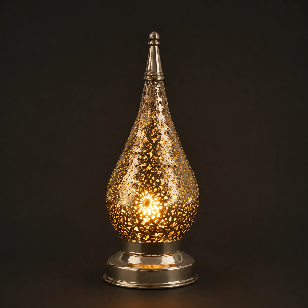 Handmade Moroccan Table Lamp in Silver Brass – Vintage Floral Teardrop Design