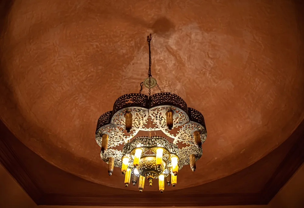 Close up of chandelier on the ceiling with traditional oriental style.
