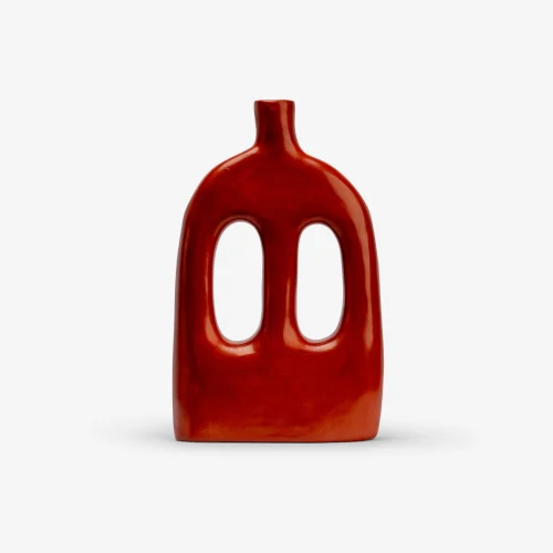 Modern Red Ceramic Vase with Double Cutout – Abstract Pottery Accent