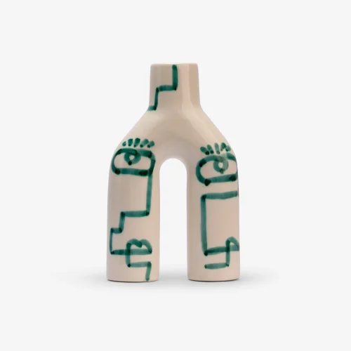 Abstract Ceramic Vase with Hand-Painted Faces – Sculptural White & Green Pottery