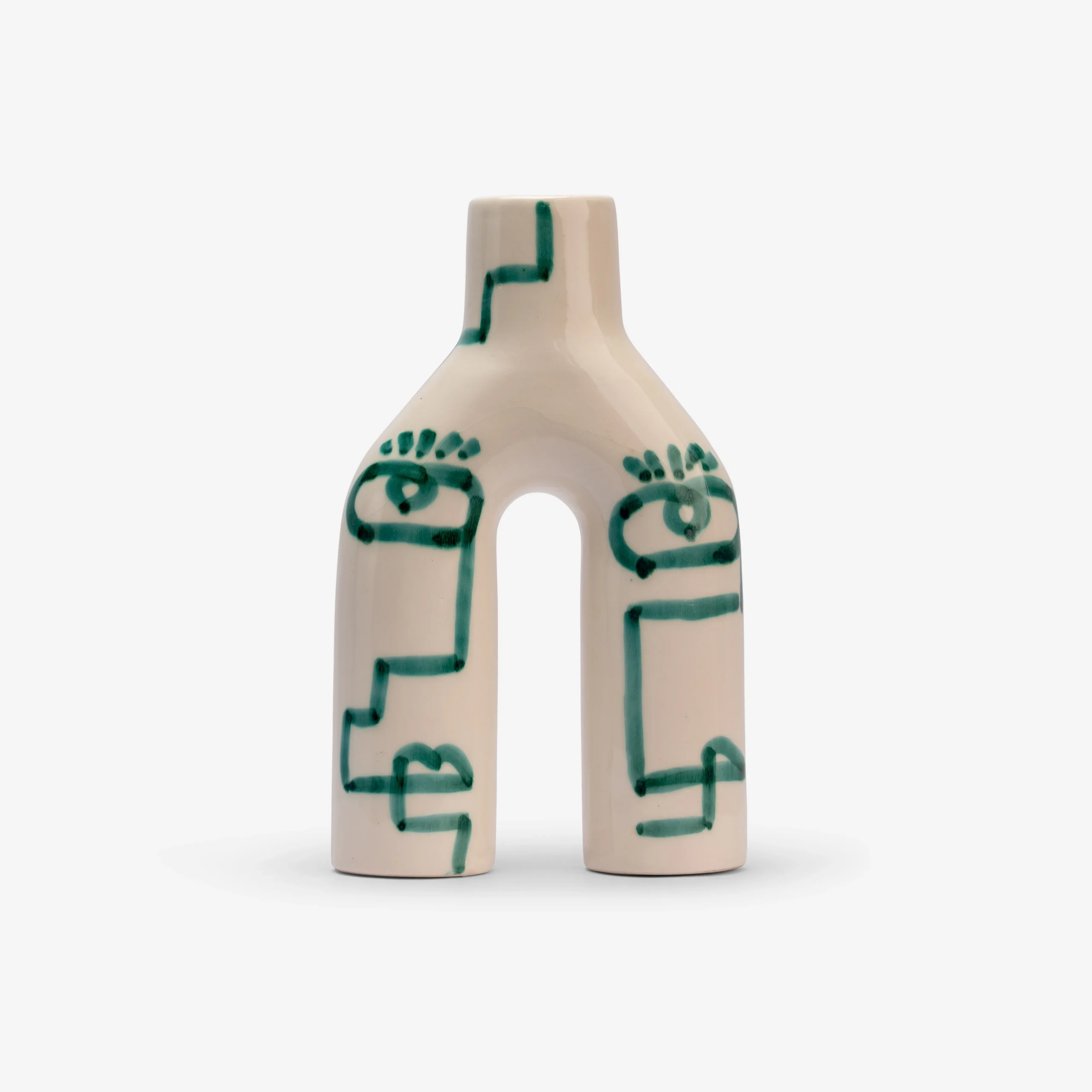 Abstract Ceramic Vase with Hand-Painted Faces – Sculptural White & Green Pottery