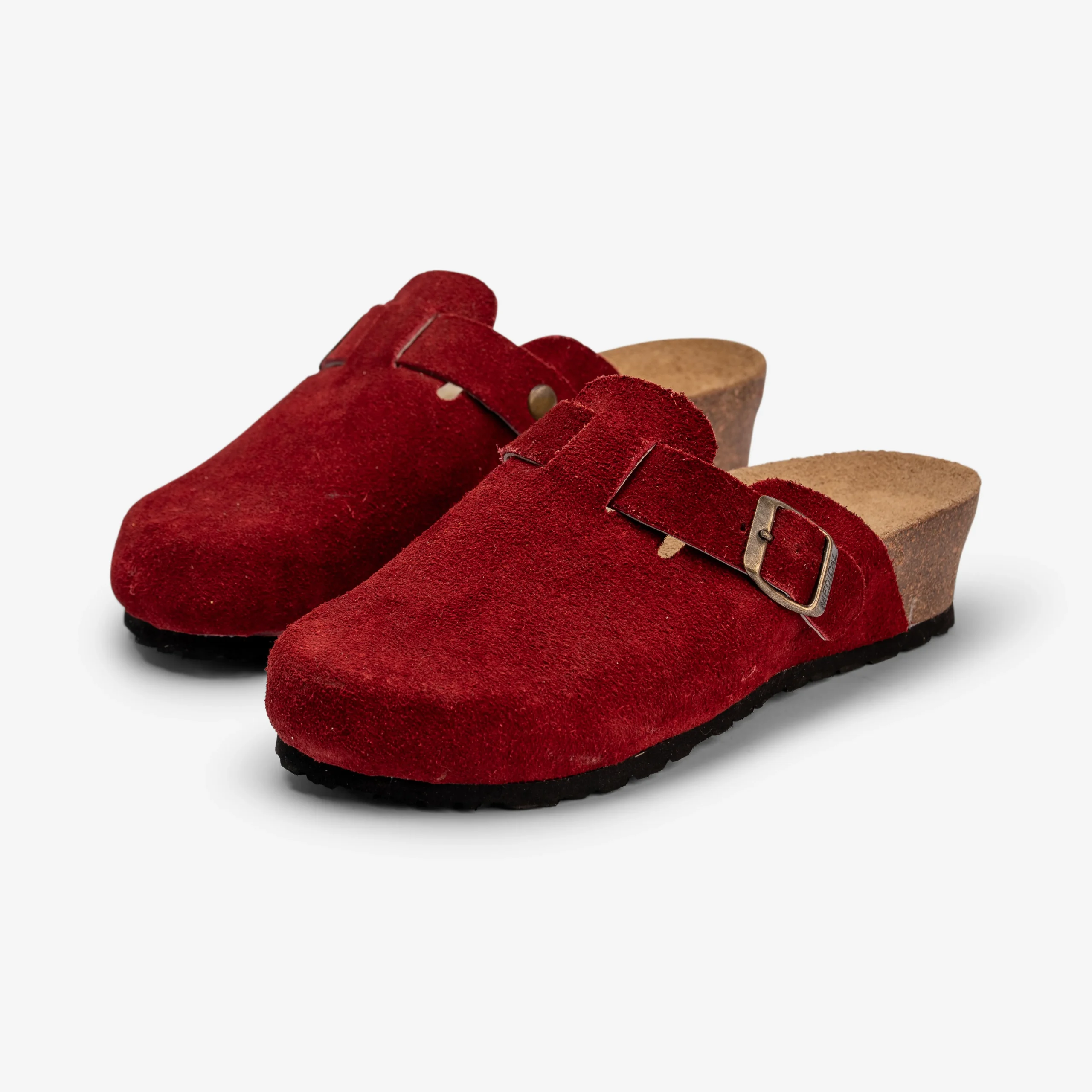 Red Suede Moroccan Mules with Cork Sole – Handmade Comfort Slip-Ons