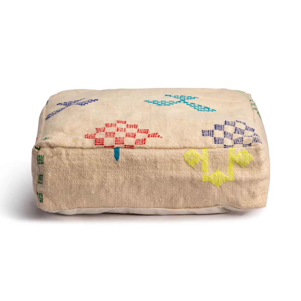 Handmade Square Moroccan Leather Pouf – Colourful Embroidered Ottoman - 16 x 16 x 12 leather pouf square