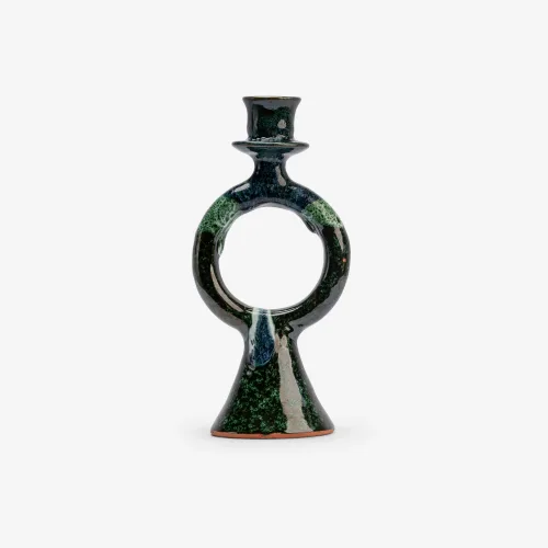 Green and Blue Glazed Ring Ceramic Candle Holder – Sculptural Design